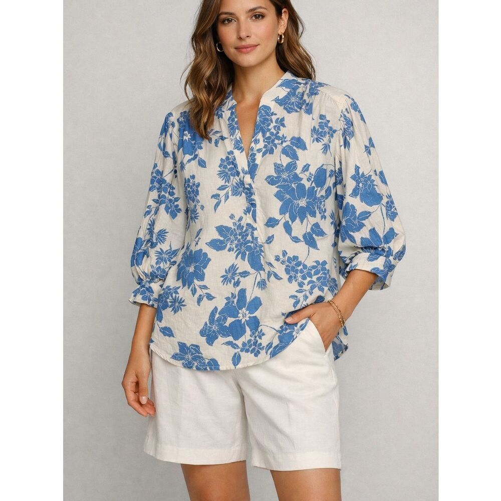 RW & Co Linen Blend Floral Print 3/4 Sleeve V-neck Top Blouse Size Small
